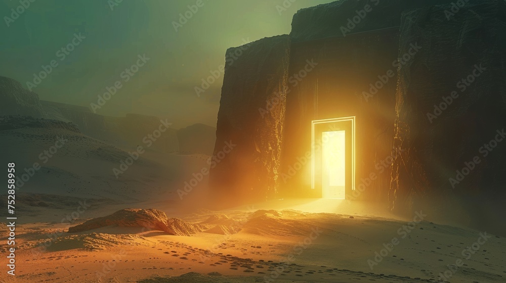 Radiant tomb glowing softly warp gate in a forgotten desert guarding secrets of a once powerful dynasty - obrazy, fototapety, plakaty 