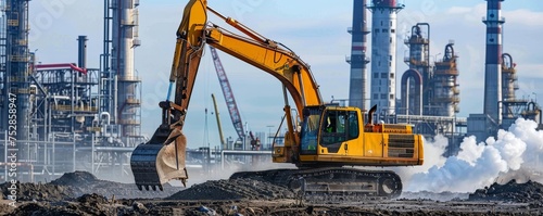 Heavy machinery in action at a construction site near a manufacturing plant illustrating the power of industrial development and urban expansion photo