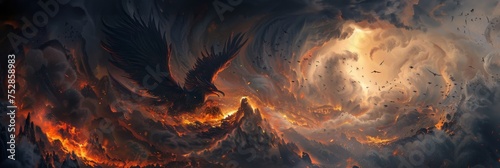 Shadow phoenix nest atop a mountain shrouded in darkness ash and embers swirling around the rebirth photo