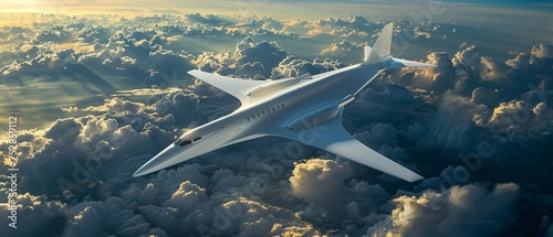 A futuristic airplane propelled by turbofan engines gliding above the clouds highlighting advancements in aviation and propulsion engineering
