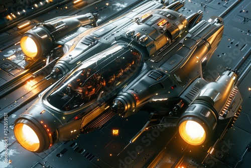 A generative AI concept for a cyberpunk spaceship with glowing turbojet engines and sleek metal design ready to explore beyond the stars
