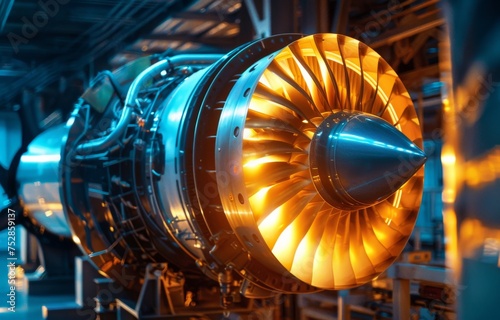 A jet engines turbine glowing with heat during a test run showcasing the intense energy and combustion process within