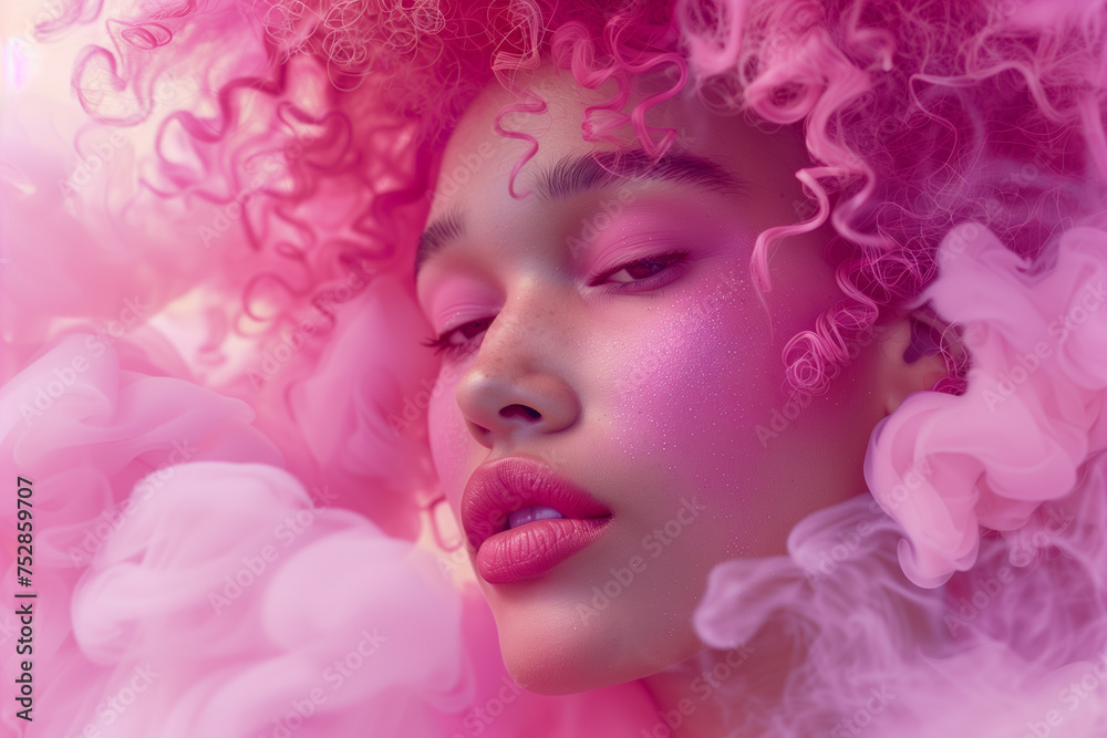Dreamy portrait of a woman surrounded by pink smoke.