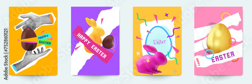 Happy easte composition. Collection festive pop art collages. Set background for card, cover, poster in modern bright abstract style. Vector holiday illustration.