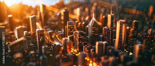 Miniature effect of a bustling cityscape at sunset, radiating warmth and energy.