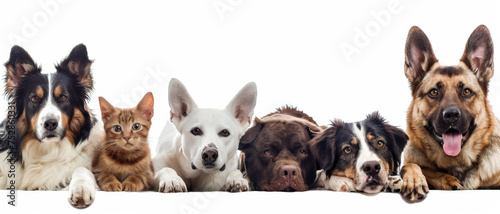 Line of diverse dogs in a row against a white background, showcasing camaraderie.