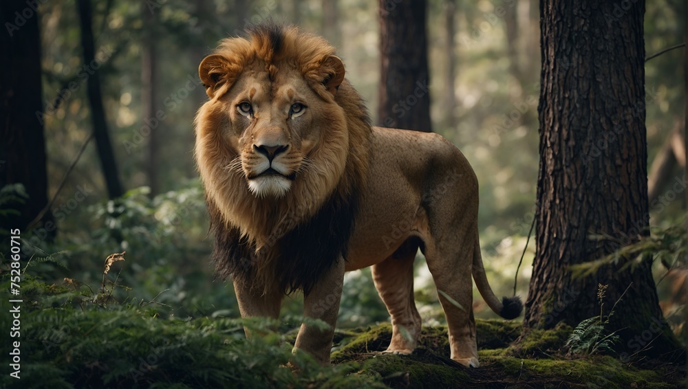 A male lion stands prominently in a forest setting with a vivid display of greenery surrounding it. This lion, featuring a striking mane, looks directly ahead with an air of confidence. Beneath the li - obrazy, fototapety, plakaty 