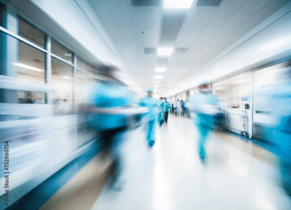 pasillo de hospital con medicos y enfermeros corriendo para salvar vidas