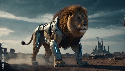 The image features a stylized male lion with a robust body  adorned in futuristic-looking armor with blue and white elements. The lion exhibits a strong  fierce presence with an open mouth displaying 
