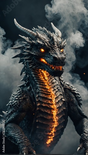 The image features a dragon with characteristics such as glowing eyes, sharp teeth, horns, and a long tail. It is spewing fire and smoke, and certain parts of its body appear armored. The dragon's eye