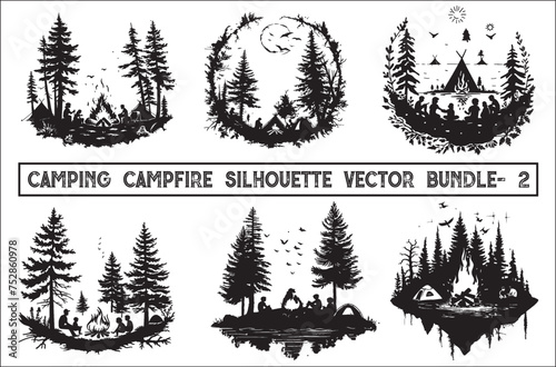 New Creative Camping campfire silhouette vector bundle, camping tent silhouette, fire silhouette vector, campfire vector free, camping campfire silhouette vector. photo