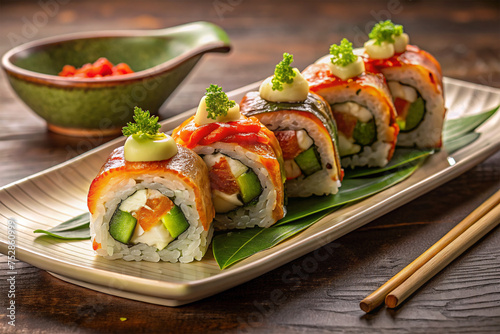 "Tasty Sushi Rolls on Traditional Japanese Plate" 