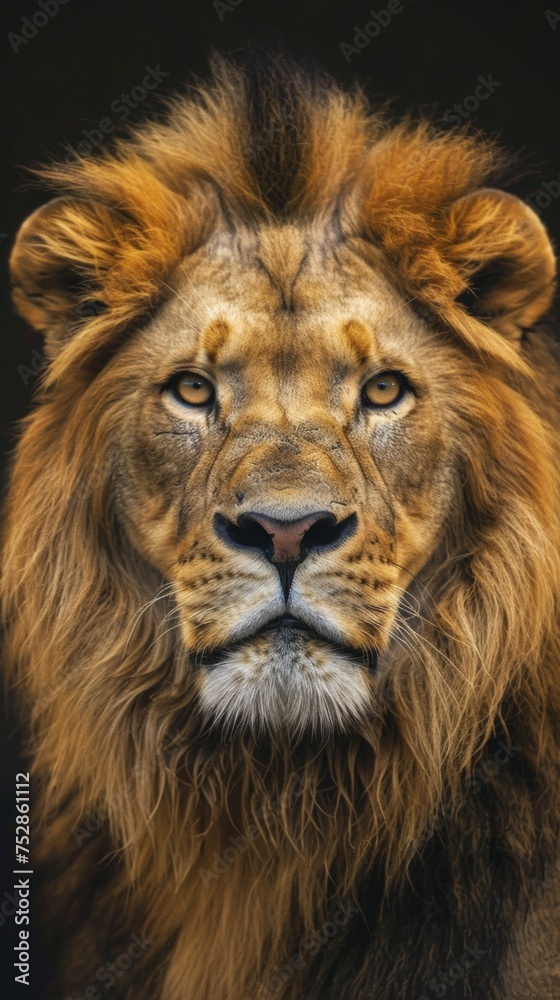 african lion close-up portrait looking direct in camera with low-light, black backdrop african lion close-up portrait looking direct in camera with low-light, black backdrop