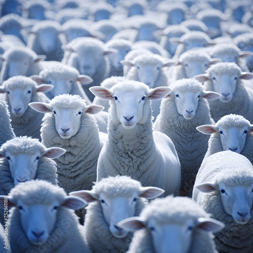 A sea of sheep with a focused gaze filling the frame creates a striking and uniform portrait
