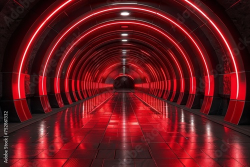 Vray traced tunnel with glowing lights and art deco elements in red and black palette