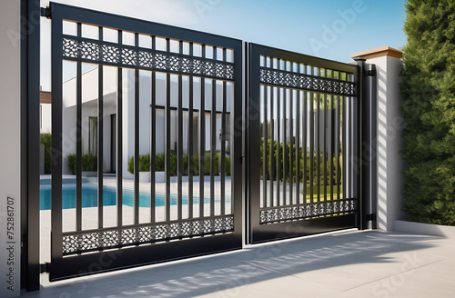 Closed metal gates in a private house. Steel automatic sliding open front gate. © 7707601