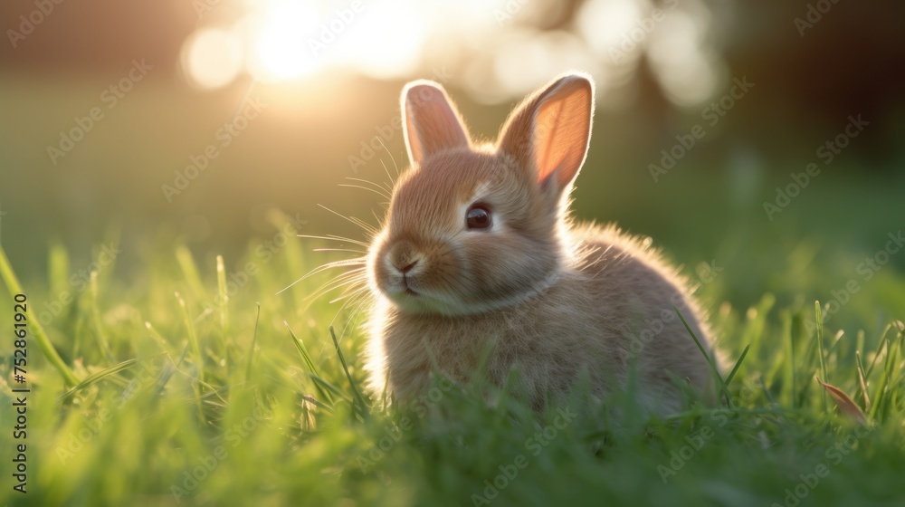 Fototapeta premium Charming Bunny in the Grass: A Serene Moment in the Meadow with golden Sun