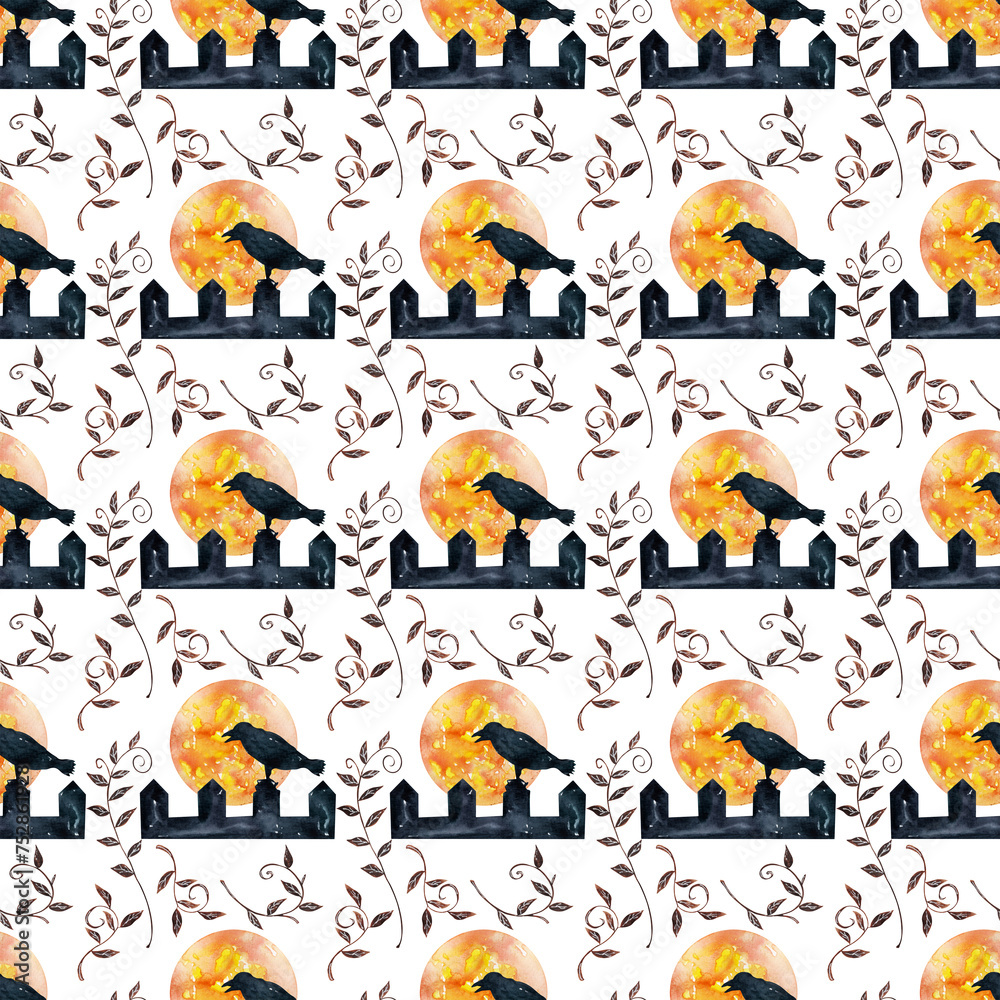 Watercolor seamless pattern with various Halloween theme elements
