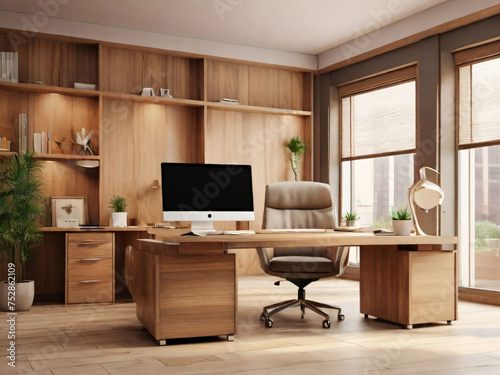 Wooden office interior with narrow tables and blank wall.