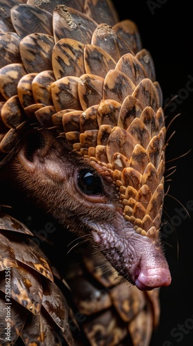 a pangolin close-up portrait looking direct in camera with low-light, black backdrop 