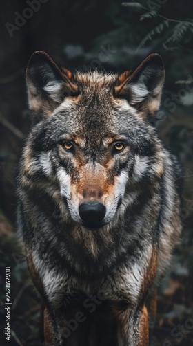 a wolf portrait looking direct in camera with low-light 