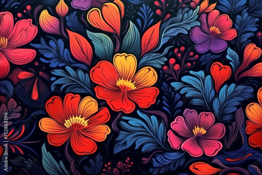 Seamless floral pattern with colorful flowers and leaves. Vector illustration.