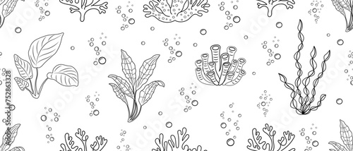 Seamless sea doodle pattern with seaweed and corals. Background with linear drawings of underwater vegetation
