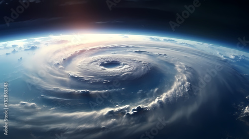 Space view of the eye of a huge hurricane  spinning above the Earth