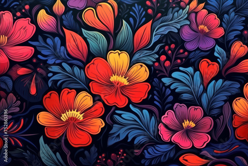 Seamless floral pattern with colorful flowers and leaves. Vector illustration.