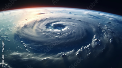 Space view of the eye of a huge hurricane, spinning above the Earth