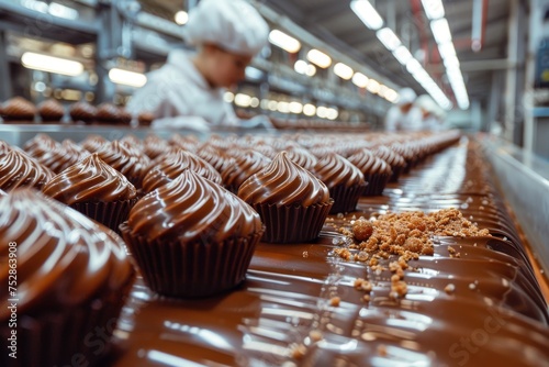 Industrial production conveyor line that prepares chocolate cupcakes