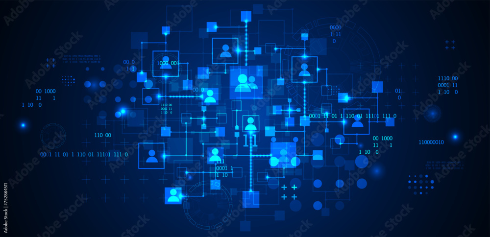 Abstract representation of a computer network and its users in the form of icons of people in squares. Vector illustration. Hand drawn.