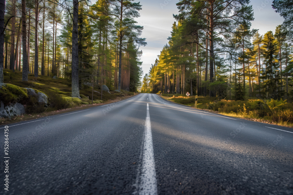 Driving with high speed on the road through Swedish forest. Morion blur. POV. Created with Generative AI technology. Driving with high speed on the road through Swedish forest. Morion blur. POV. Created with Generative AI technology.