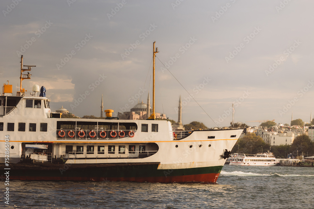 Istanbul background photo. Ferry and Hagia Sophia on the background