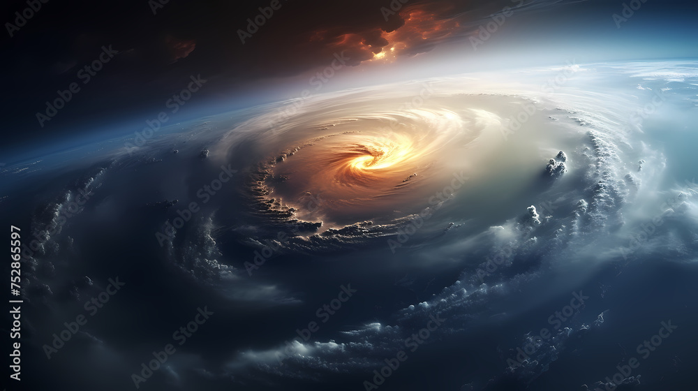 Space view of the eye of a huge hurricane, spinning above the Earth