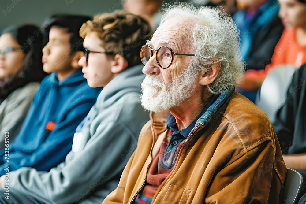 Senior Man Attentive in Classroom with Diverse Students Senior Man Attentive in Classroom with Diverse Students