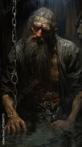 Portrait of an old man with a long beard and mustache in the water with chains