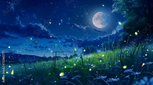 The beauty of a moonlit field with fireflies creating a magical glow. Fantasy landscape anime or cartoon style, looping 4k video animation background
