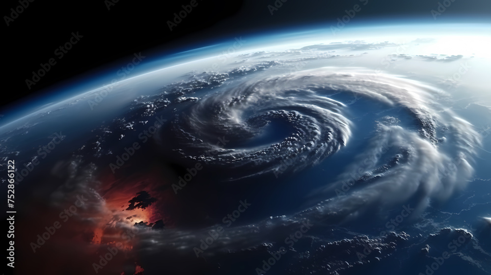 Space view of the eye of a huge hurricane, spinning above the Earth