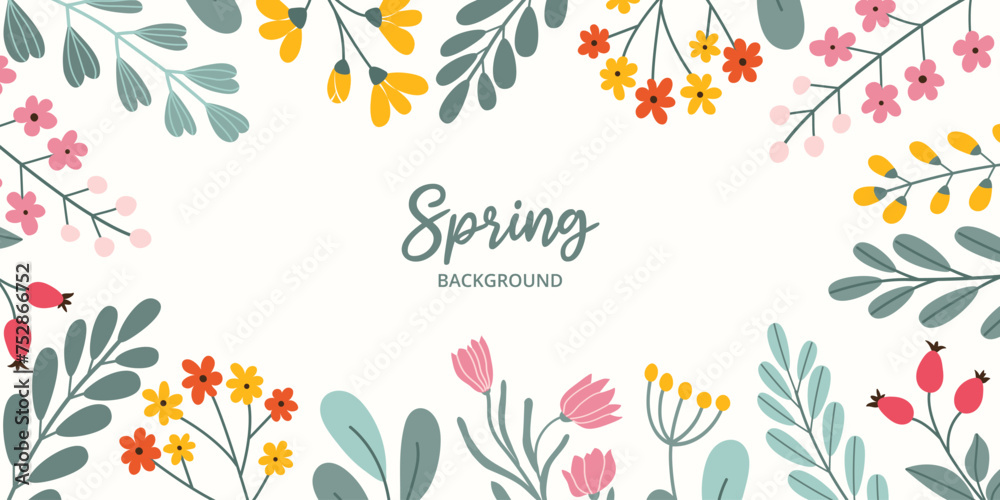 Spring rectangular festive banner on white background with place for text in flat vector style. Hand drawn blossom flowers, branches, berries. Holiday seasonal floral decoration.