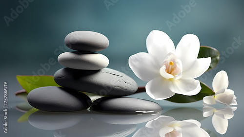 Spa still life with flowers and zen stones in tranquil pool