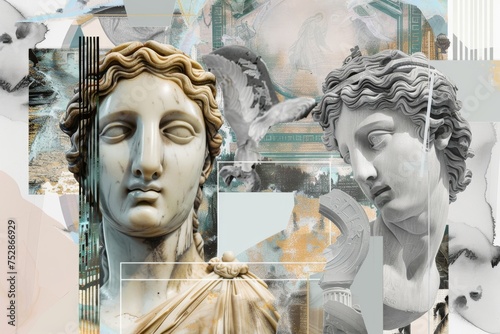 Collage of stoic classical statues with stoicsim and textures. A creative digital collage that combines elements of classical statues with various textures and abstract patterns