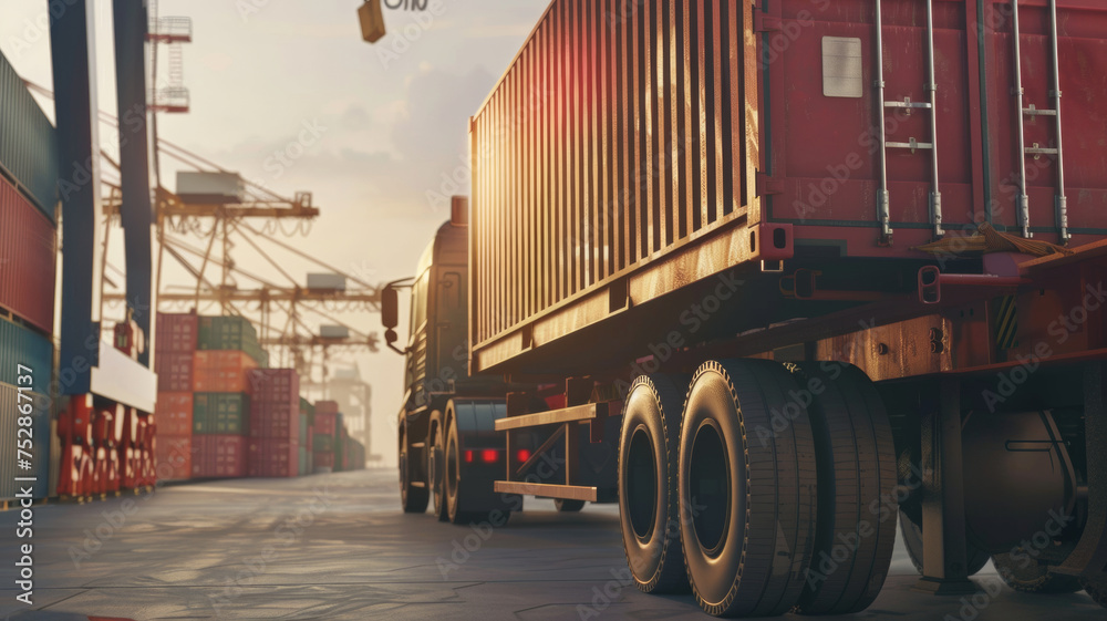 Tranquil dawn at a shipping port with truck transporting cargo container.