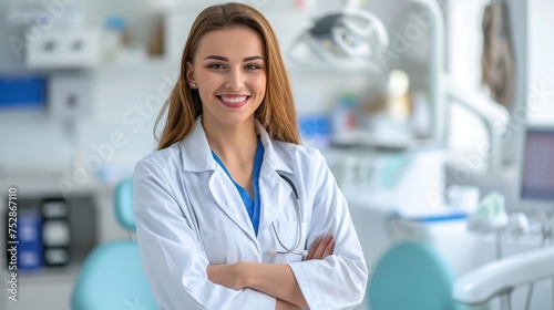 Smiling female dentist in bright dental clinic with copy space, healthy teeth care concept