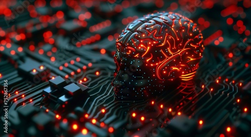 Artificial intelligence technology training and development concept with digital human brain connected to electronic board.