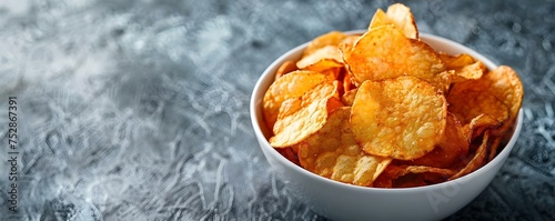 "An appetizing bowl of potato chips against a white backdrop". Concept Food Photography, Snack Product, White Background, Potato Chips, Appetizing Presentation