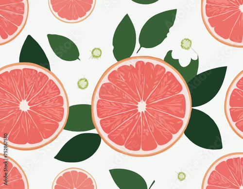 Isolated colored half of juicy pink grapefruit with white flower, green leaf and shadow on white background. Realistic
