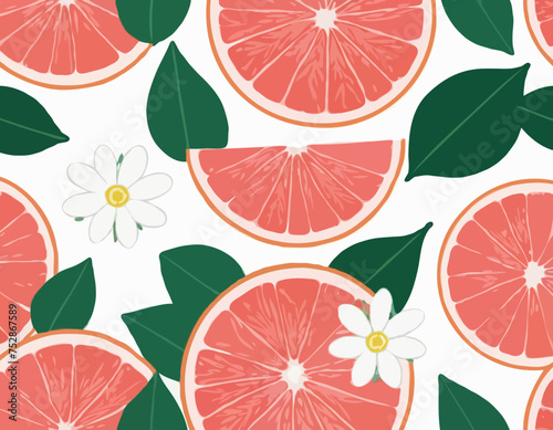 Isolated colored half of juicy pink grapefruit with white flower, green leaf and shadow on white background. Realistic

