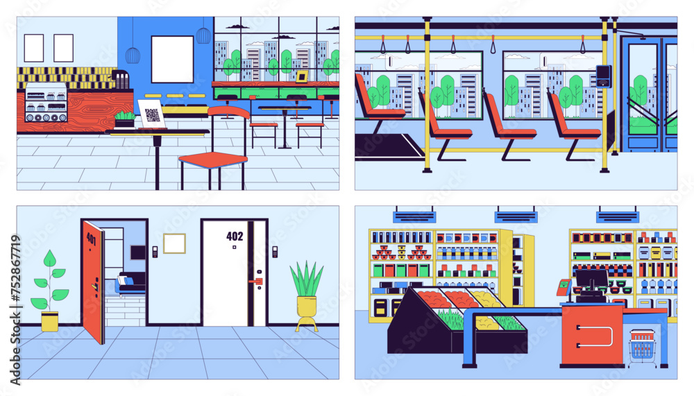 Public space interior cartoon flat illustration set. Coffee shop, checkout supermarket 2D line interiors colorful backgrounds collection. Hallway doors, bus seats scenes vector storytelling images