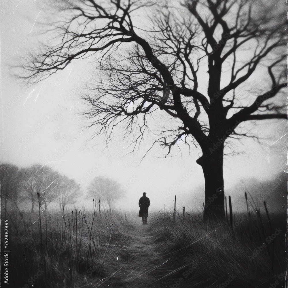 Man walking in a misty woodland path